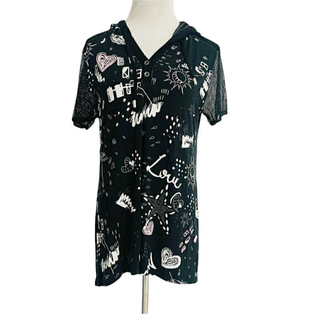 Dolcezza Size Large Top Blouse Short Sleeve Simply Art Hoodie Mesh Sleeves